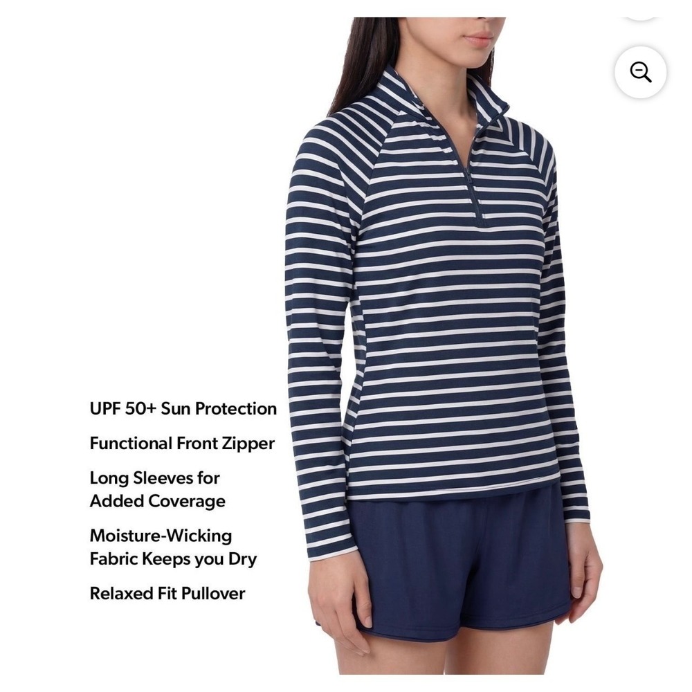 Lands End Womens Quarter Zip UV Tee Navy White Striped UPF 50 Long Sleeve Large - Picture 3 of 9